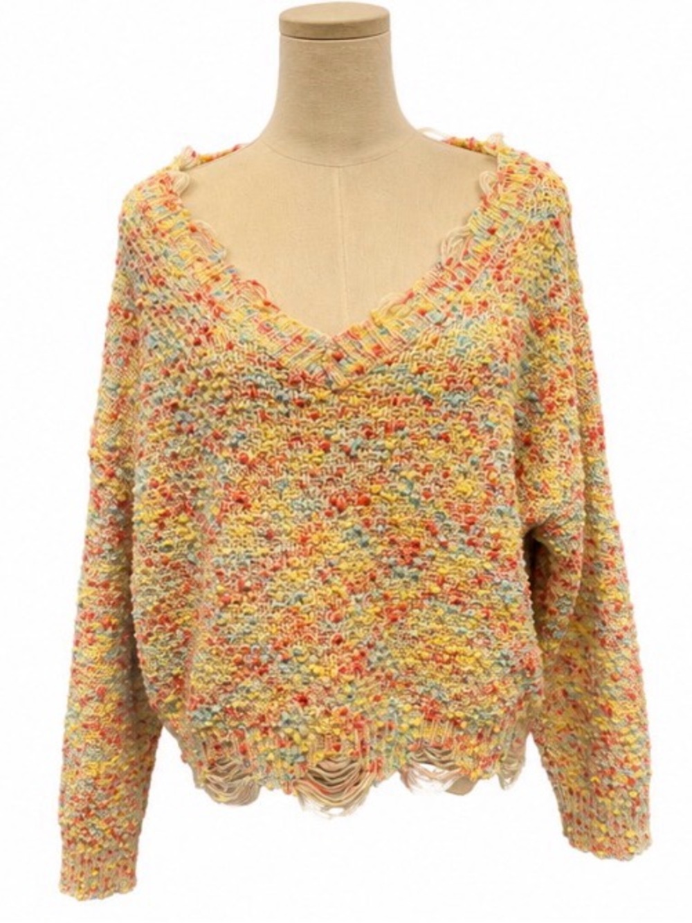 Amoli Multicolor Confetti Knit Distressed V-Neck Sweater S/M Oversized